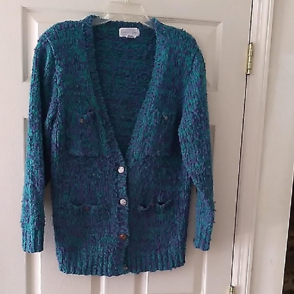 Teal Blue Chunky Knit Cardigan Sweater